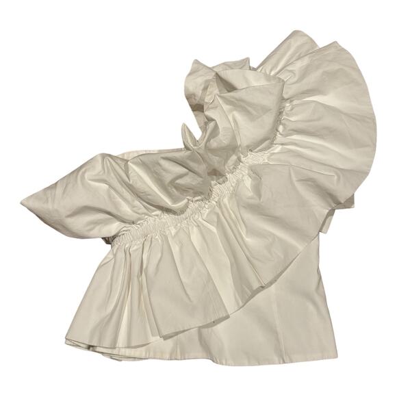 Zara Ruffle One Shoulder Poplin Asymmetric Top Smocked Back in white size small - Picture 4 of 12